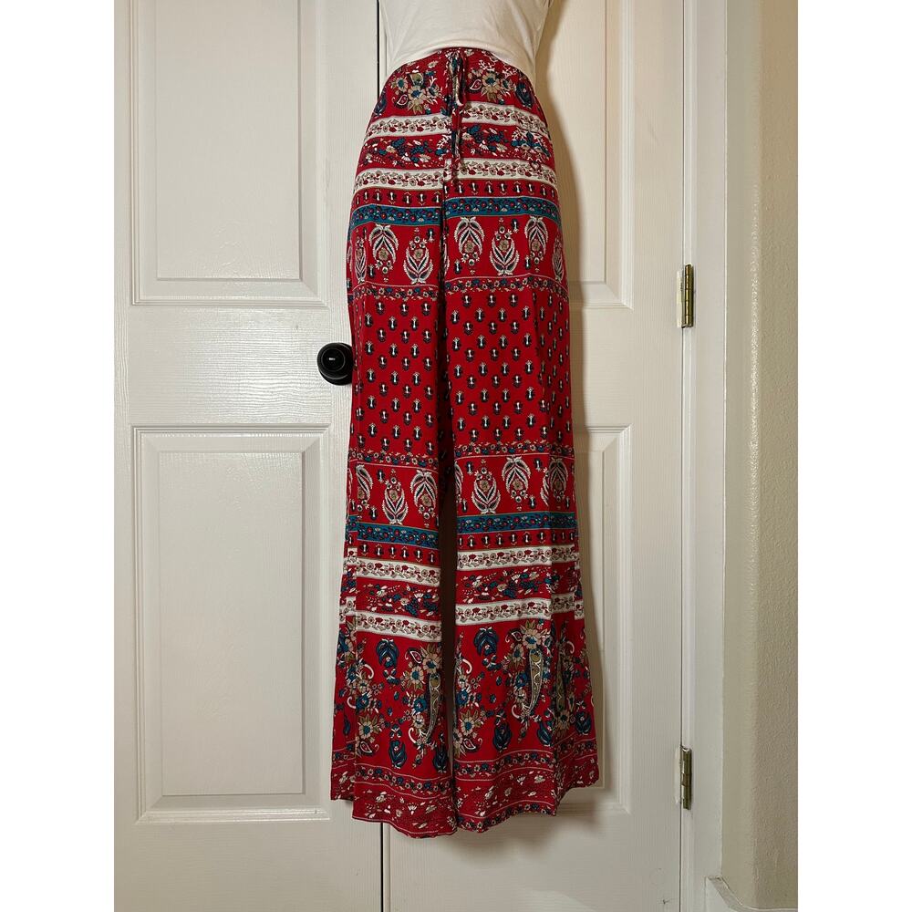 STOOSH Boho High Waist Wide Leg Pants S Red Turquoise Cream Paisley Drawstring